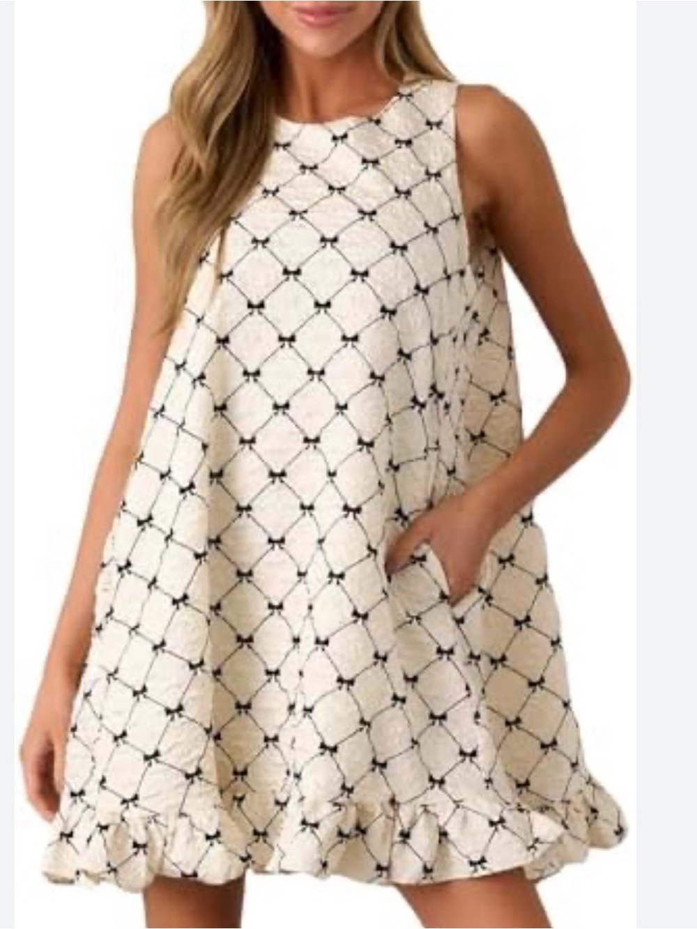 Sleeveless Cream Mini Dress with Black mini bow in Lattice Pattern